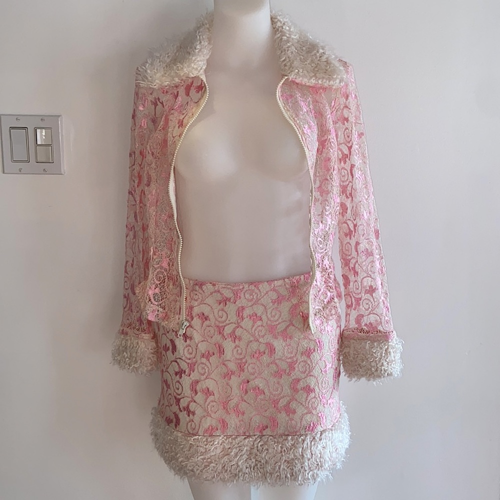 90s Vintage Pink & White Lace With Fur Set - Picture 8 of 12